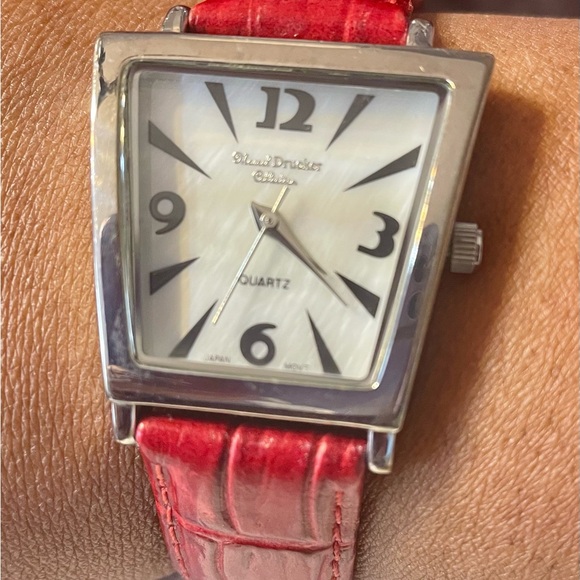 Vintage Marcel Druker Trapezoid Mother of Pearl Dial Quartz Watch w/ Red Band main image 5